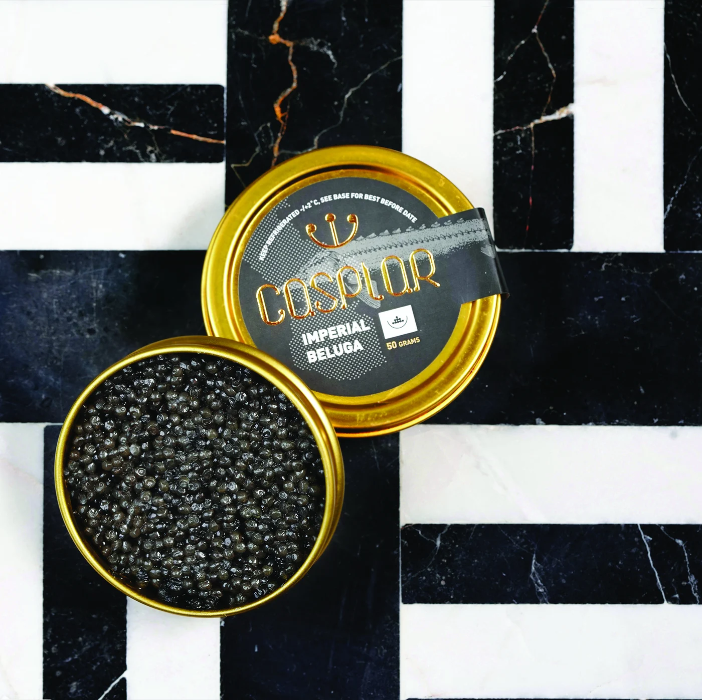 Caspiar Imperial Beluga on black and white marble